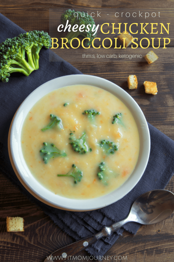 Satisfy a craving, warm up, and save time with this Easy Trim Healthy Mama Crockpot Chicken Broccoli Soup - it's cheesy, it's easy, and it's THM:S