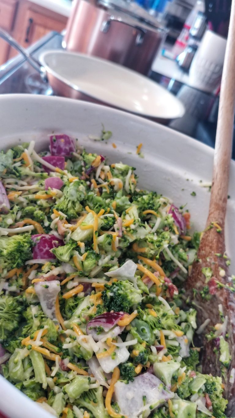 Keto Broccoli Salad {THM:S, Low Carb, Ketogenic} Broccoli salad with bacon, mayo, and a hint of sweeteness has been around forever.  I can’t actually remember the first time I tried it...it’s just always been something I’ve been familiar with.  The best version, in my opinion, is the Amish version (don’t the Amish make everything better?).  Their dressing uses sugar, but I subbed that out for Lakanto Classic Monkfruit sweetener.