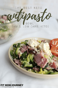 The Keto Antipasto Bowl is the perfect side dish to go along with your Italian Meal, or even to be eaten on its own! Loaded with the flavors of parmesan, ham, mozzarella, and italian seasoning, then finished off with the zip of vinegar.  This Keto Antipasto Bowl requires no special ingredients and comes together in under 5 minutes.