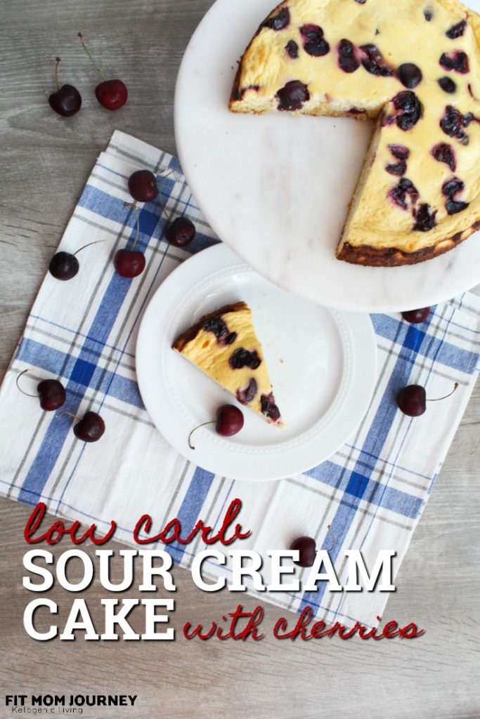 A tender sour cream cake with light flavor, topped with sweet & tart cherries, my Low Carb Sour Cream Cake is the perfect addition to breakfast, or as dessert after dinner.