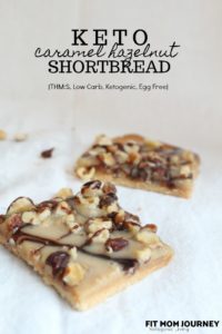 These Keto Shortbread cookies are layered with caramel and hazelnuts for the ultimate low-carb treat.  This recipe is included in my Complete Keto Holiday Cookbook, which is free, and releases 10/15/2018.
