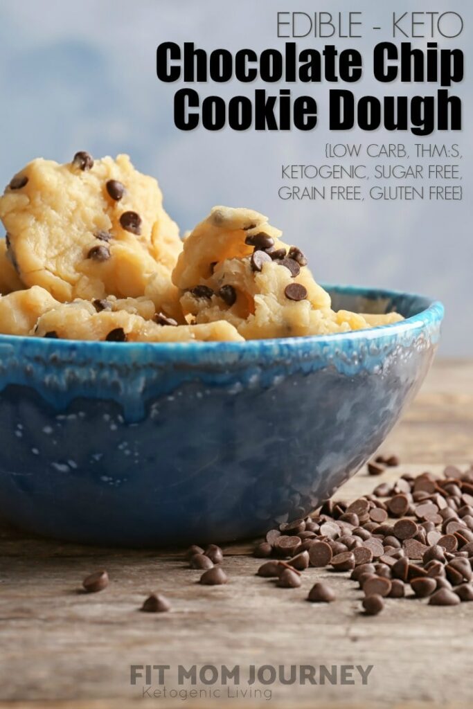 An easy 5-minute recipe for Edible Keto Chocolate Chip Cookie Dough.  A guilt-free, grain-free, gluten-free, sugar-free bowl of deliciousness that uses ingredients you already have on hand!