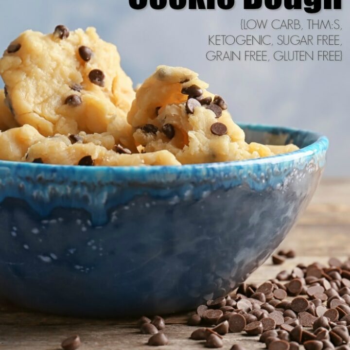An easy 5-minute recipe for Edible Keto Chocolate Chip Cookie Dough.  A guilt-free, grain-free, gluten-free, sugar-free bowl of deliciousness that uses ingredients you already have on hand!