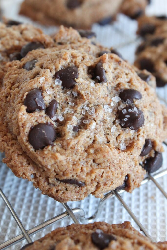Perfectly chewy and melty, these Chewy Keto Chocolate Chip cookies have a sprinkle of sea salt for the perfect taste and texture.  Serve them warm for  taste of home!