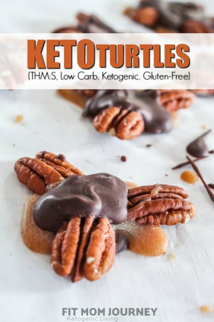 Keto Turtles that are made with perfectly chewy keto caramel, stevia sweetened chocolate, and delicious pecans!  These candies will fool even your non-keto family and friends and are sure to be a hit!