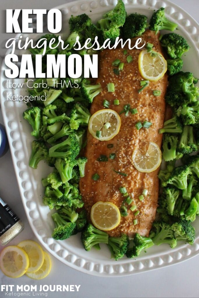 A simple side of salmon glazed with ginger and sesame, that can be prepared on the grill or in the oven.  This Ginger Sesame Salmon recipe is a family favorite, ketogenic, low carb, and a THM:S.