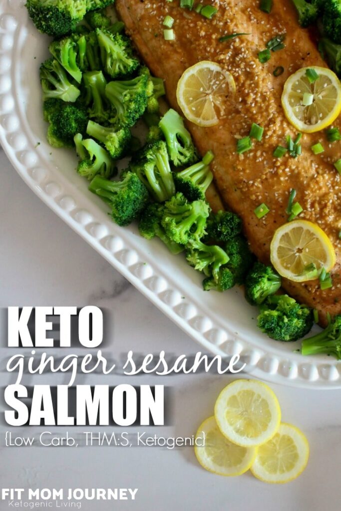A simple side of salmon glazed with ginger and sesame, that can be prepared on the grill or in the oven.  This Ginger Sesame Salmon recipe is a family favorite, ketogenic, low carb, and a THM:S.