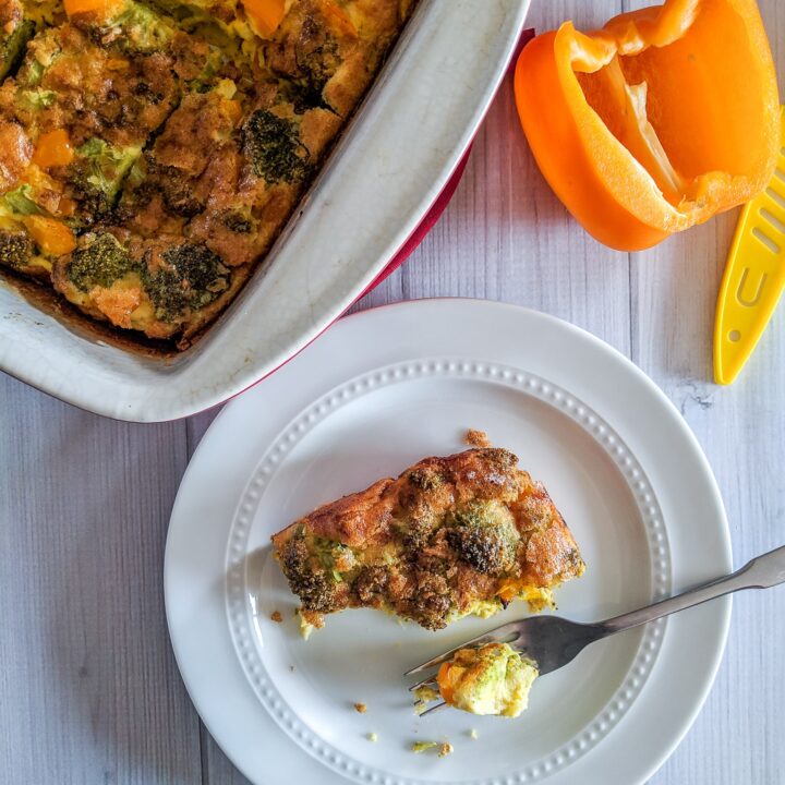 A recipe we've been making on repeat, Keto Egg Casserole is loaded with broccoli, peppers, and bursting at the seams with flavor!  I make one almost every week for my husband, which feeds him breakfast all week.