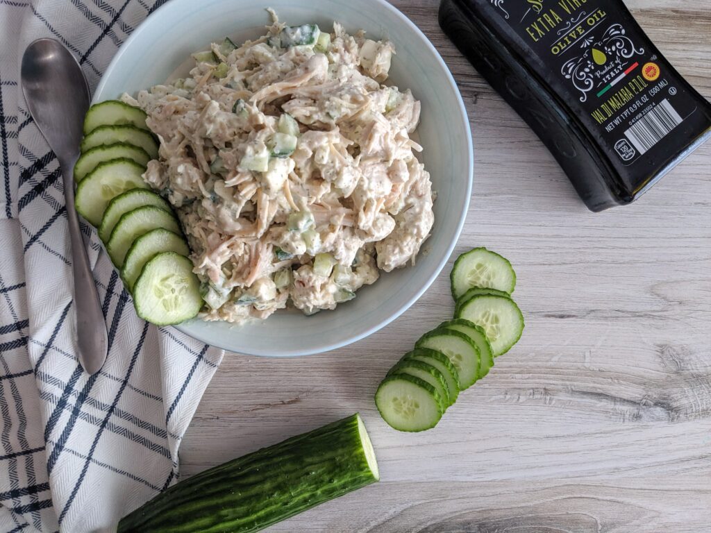 An easy chicken salad with all the flavors of a traditional greek gyro, Keto Tzatiki Chicken Salad is an easy to make instant lunch classic.  Throw it on a Josephs's lavash, or serve it with cucumbers and Jilz Crackers.