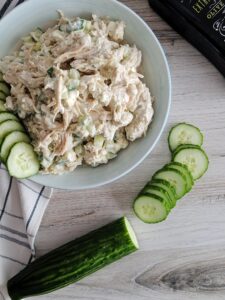 An easy chicken salad with all the flavors of a traditional greek gyro, Keto Tzatiki Chicken Salad is an easy to make instant lunch classic.  Throw it on a Josephs's lavash, or serve it with cucumbers and Jilz Crackers.