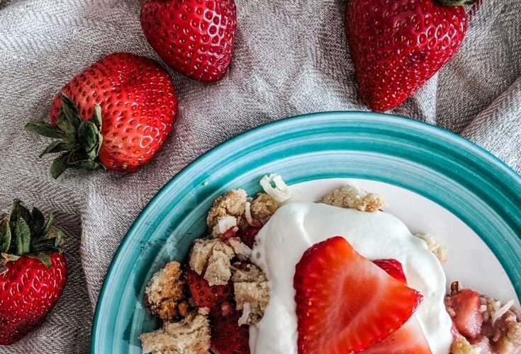 My grain-free Paleo Strawberry Crisp is keto-friendly, a THM:S, and low glycemic.  Even better, it's easy to make with a crispy, buttery topping, and the natural sweetness of strawberries.