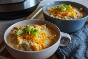All the flavors of a cheeseburger, but in a warm, comforting bowl of soup.  Keto Cheeseburger Soup is made in the InstantPot - and reheats well the day after!