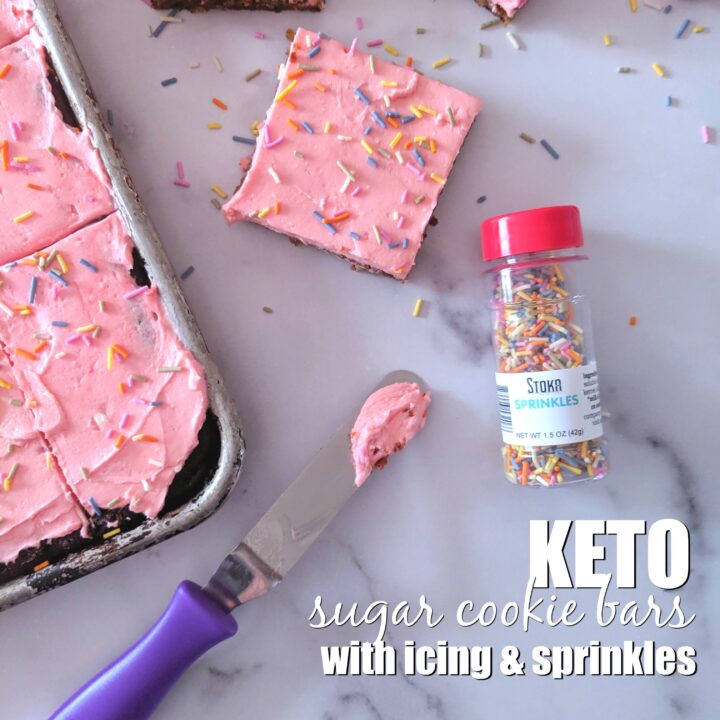 Soft, thick, and fluffy Keto Sugar Cookie Bars topped with a smooth, sweet frosting and sprinkles.  Baked in a sheet pan, these Keto Sugar Cookie Bars are great for a crowd!