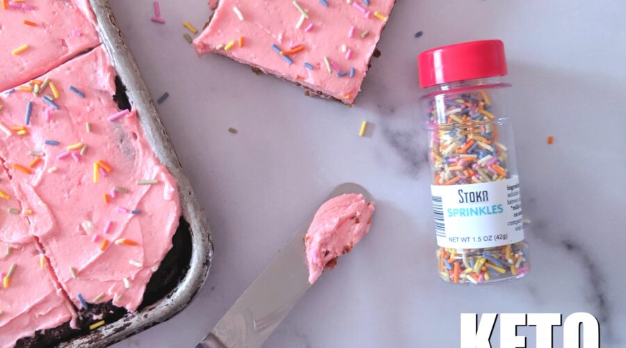 Soft, thick, and fluffy Keto Sugar Cookie Bars topped with a smooth, sweet frosting and sprinkles.  Baked in a sheet pan, these Keto Sugar Cookie Bars are great for a crowd!