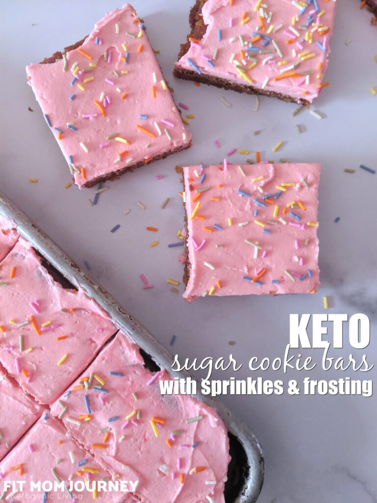 Soft, thick, and fluffy Keto Sugar Cookie Bars topped with a smooth, sweet frosting and sprinkles.  Baked in a sheet pan, these Keto Sugar Cookie Bars are great for a crowd!