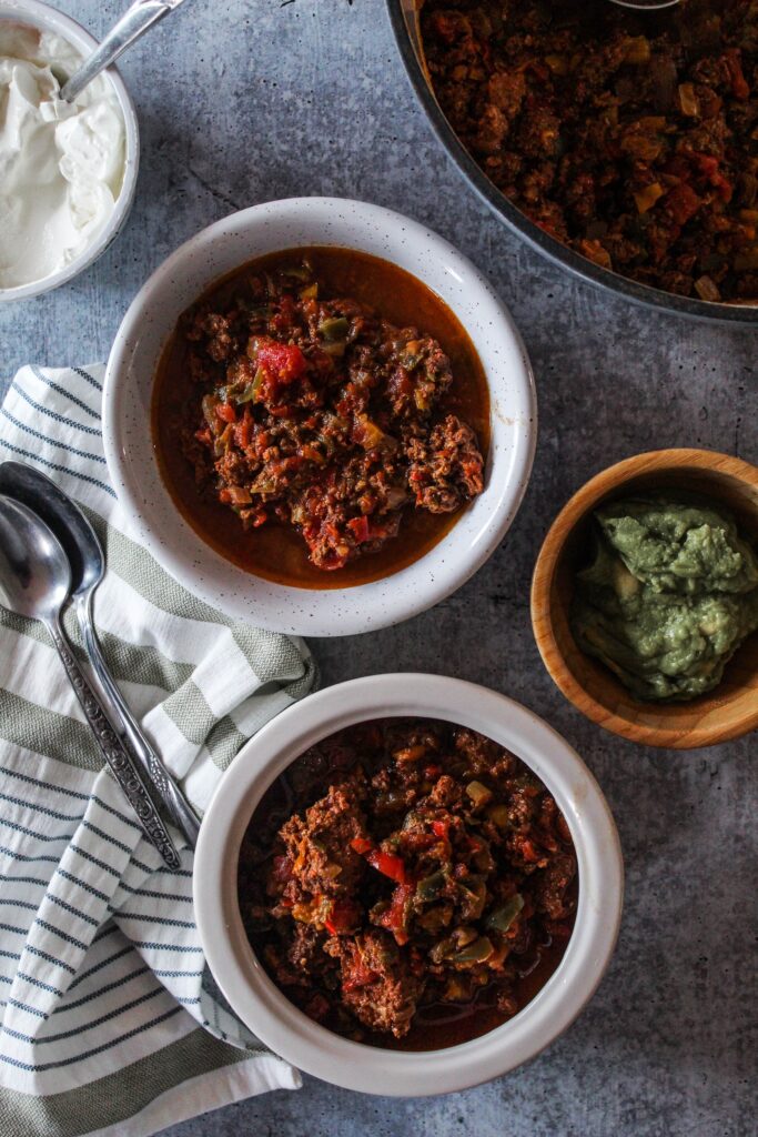 The best Keto Chili, packed with loads of healthy fats from grass-fed ground beef, vegetables, and of course that classic chili flavor with no beans! We have completely replaced our old chili with Keto Chili and love it.