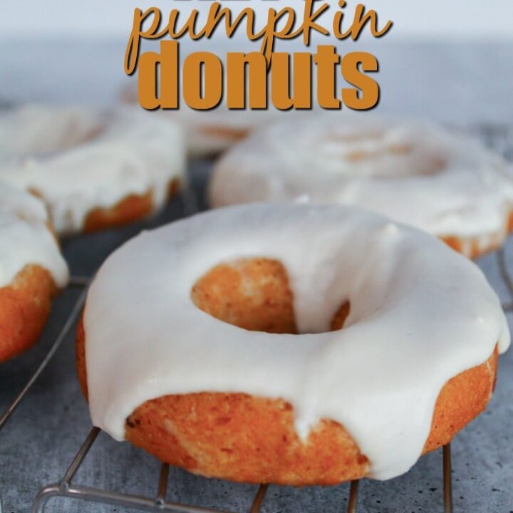 An absolutely decadent fall treat,  Keto Pumpkin Donuts are sugar free, grain free, gluten free, low carb, and keto.  They are baked in a donut pan, then frosted with a delicious glaze.