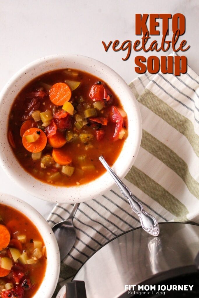 Keto Vegetable Soup is one of the most cozy foods on the planet.  Packed with low carb vegetables, bone broth, and seasonings, make it for dinner, or ahead for lunches and you'll be good to go!