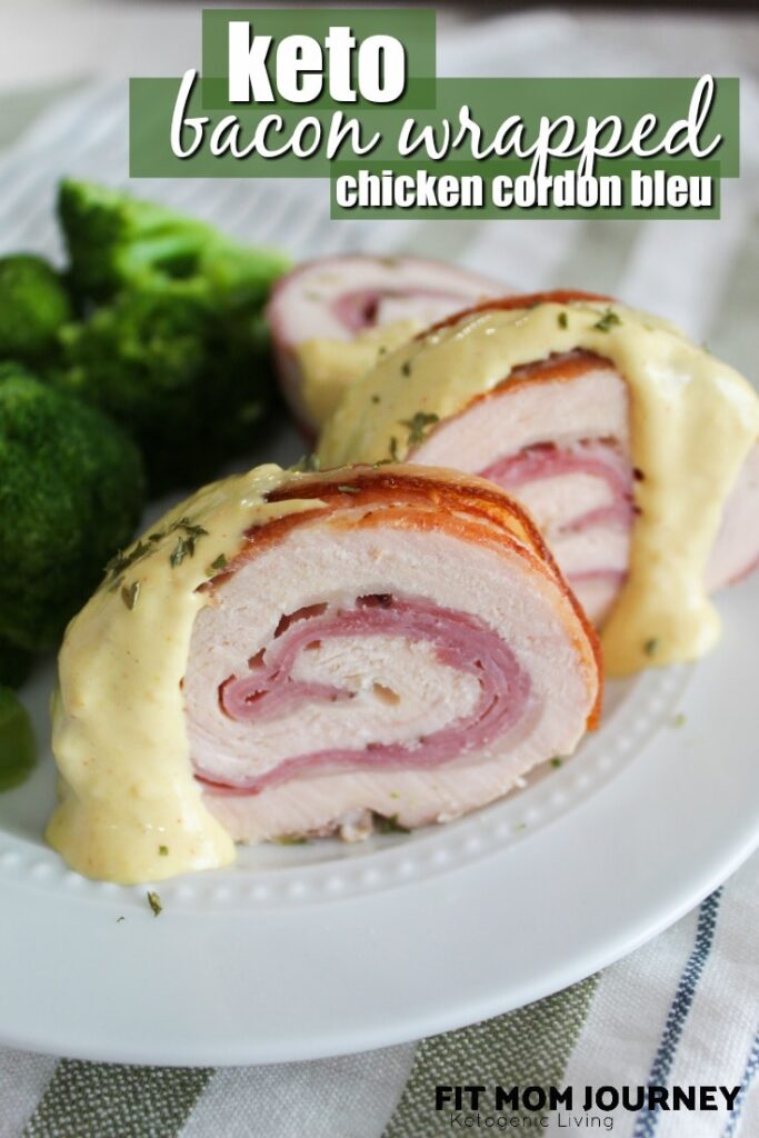 An easy and tasty family dinner, Bacon Wrapped Chicken Cordon Bleu.  Chicken breast is rolled up with ham, swiss cheese, and covered in bacon for the juiciest, tastiest chicken cordon bleu served with a homemade, ketogenic honey dijon cream sauce.
