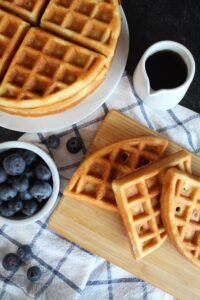 These Keto Waffles are 2.9 net carbs each, 28 grams of protein, and are crispy and delicious!  Even my 6 year old daughter was fooled by my Keto Waffles!