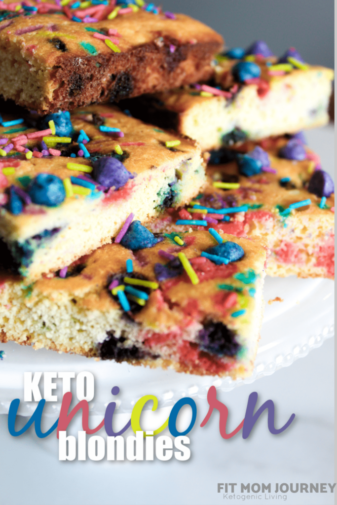 Keto Unicorn Blondies Made from scratch by my daughter's request!  Made with a chewy blondie base, colored keto white chocolate chips, and sugar free sprinkles, these are such a fun dessert!