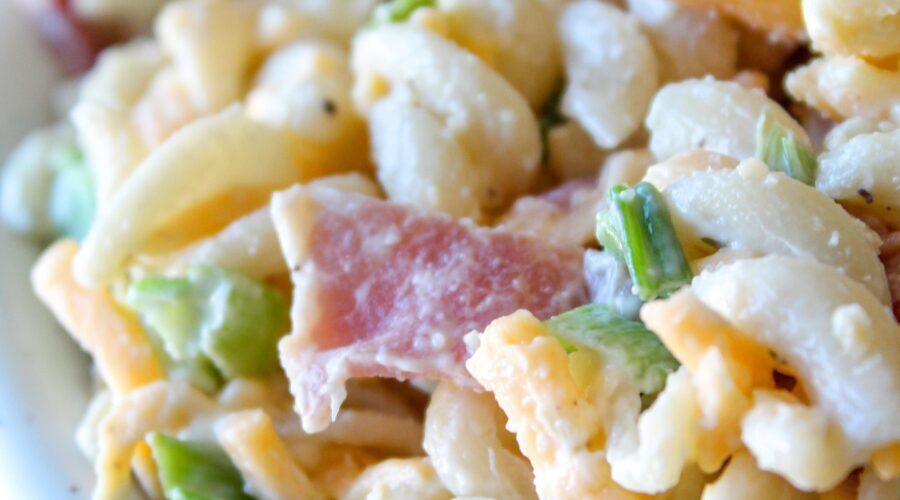 Low Carb Chicken Bacon Ranch Pasta Salad is a delicious lunch dish featuring shredded cheddar cheese, crumbled bacon, chopped green onions, and white meat chicken tossed in mayo and ranch dressing.
