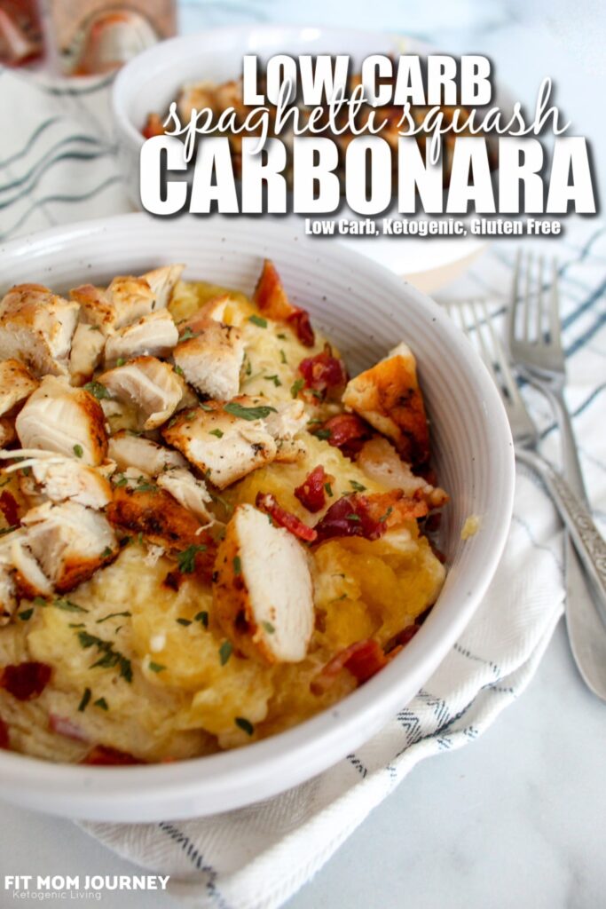 All the goodness you love about Pasta Carbonara, but low carb!  Low Carb Spaghetti Squash Carbonara is cheesy and bacon-y, but much lighter on carbs.  This meal is easy, healthy, and pairs well with parmesan crusted chicken for a well rounded meal.
