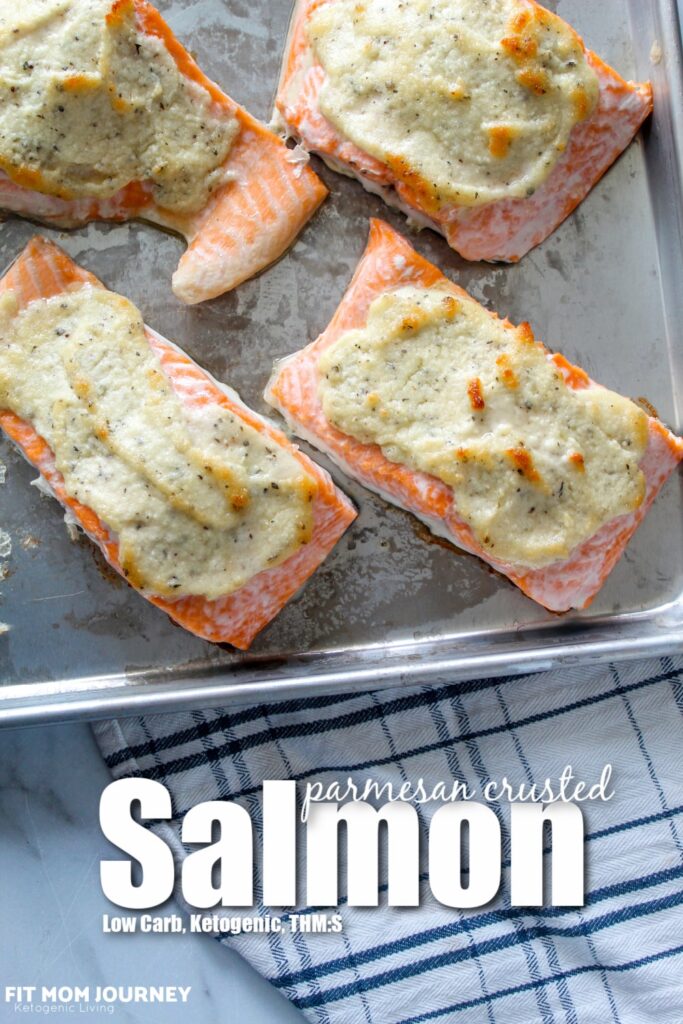 Simple Parmesan Crusted Salmon is a tender, flaky, baked salmon topped with a crust of parmesan and herbs.  Simple, flavorful, using no special ingredients.  Low Carb, Ketogenic, and a THM:S.