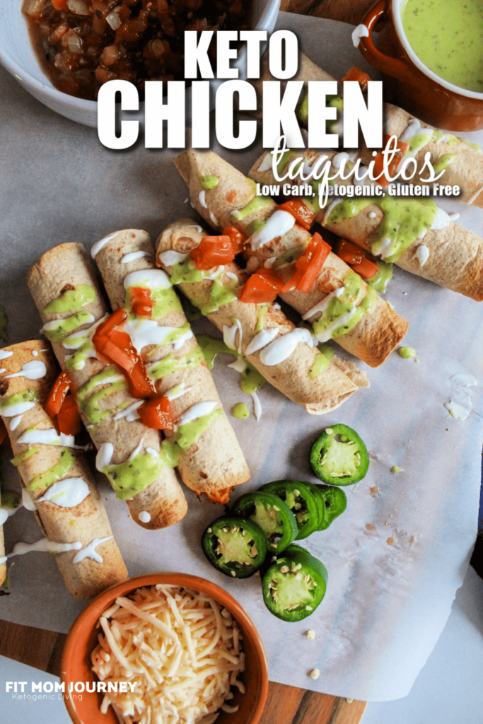 Easy, homemade Keto Chicken Taquitos made with shredded chicken, fresh salsa, and cheddar cheese rolled in a low carb tortilla and baked until crispy.