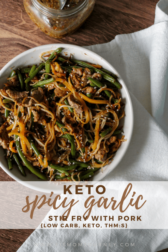 Ready in 10 minutes, this Keto Spicy Garlic Stir Fry with Pork is a regular in my meal rotation.  It's packed with vegetables and can use up any veggies left in the fridge!