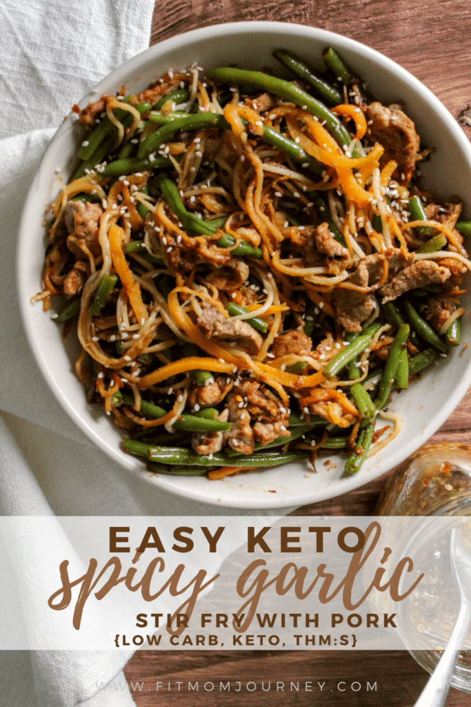 Ready in 10 minutes, this Keto Spicy Garlic Stir Fry with Pork is a regular in my meal rotation.  It's packed with vegetables and can use up any veggies left in the fridge!