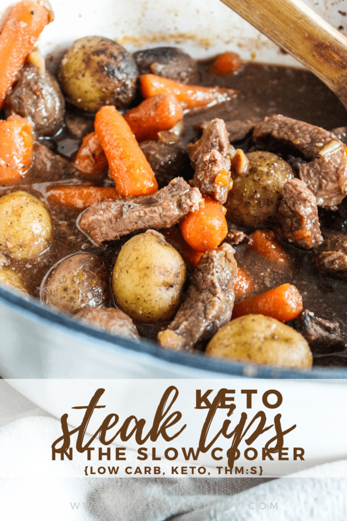 Need a super simple dinner?  Throw these Keto Steak tips in the slow cooker and enjoy a ready to eat dinner in the evening.  Steak tips in gravy with carrots, radishes, celery, and onion is a whole meal to itself.