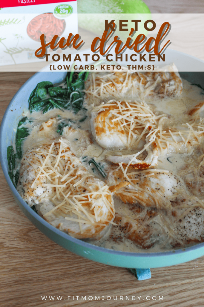 A one-skillet dinner, Keto Sun Dried Tomato Chicken is an italian inspired dish!  Pan-fried boneless, skinless, chicken breasts are finished in a creamy spinach, parmesan,  and sun dried sauce.