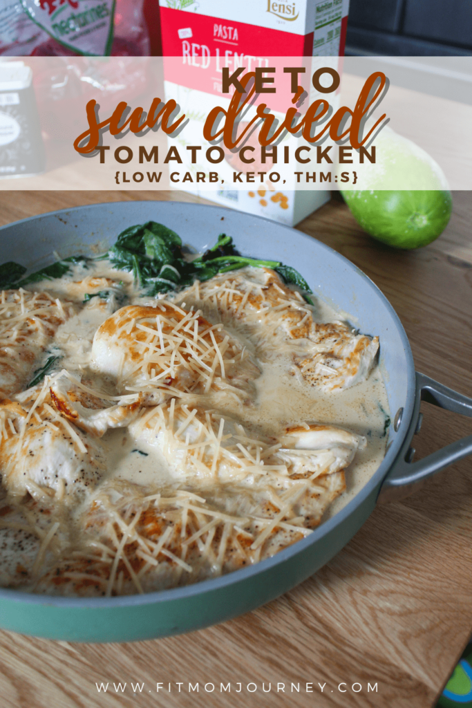 A one-skillet dinner, Keto Sun Dried Tomato Chicken is an italian inspired dish!  Pan-fried boneless, skinless, chicken breasts are finished in a creamy spinach, parmesan,  and sun dried sauce.