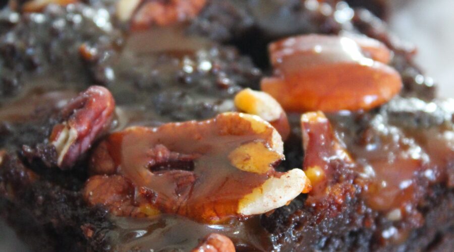 The perfect, fudgy low carb Keto Turtle Brownies are topped with sugar free caramel and chopped pecans.  So good you won't know the difference!