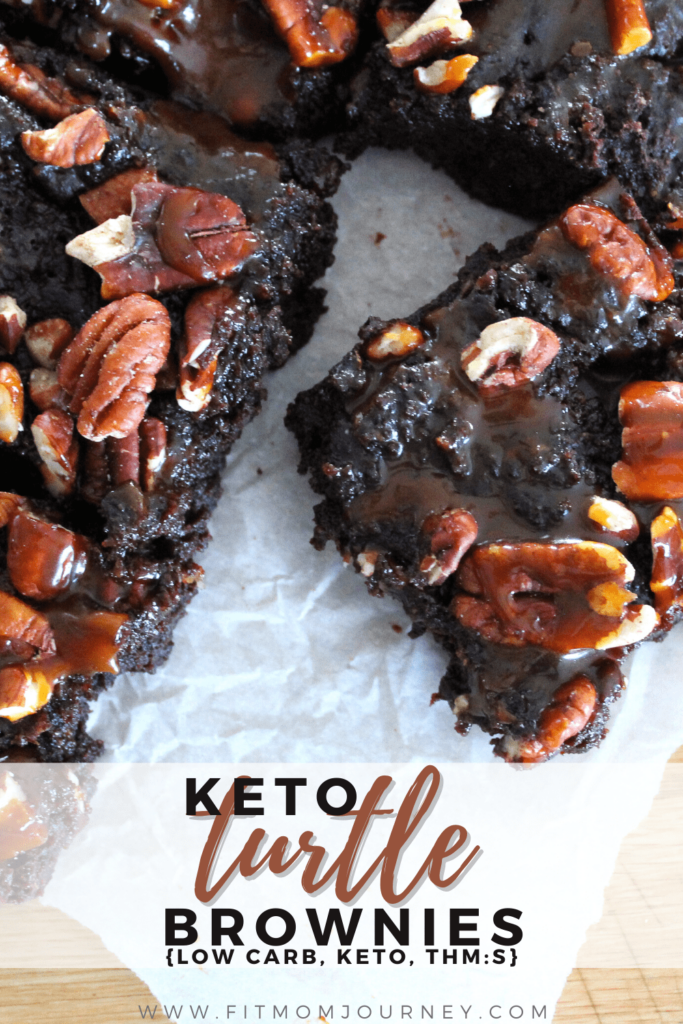 The perfect, fudgy low carb Keto Turtle Brownies are topped with sugar free caramel and chopped pecans.  So good you won't know the difference!