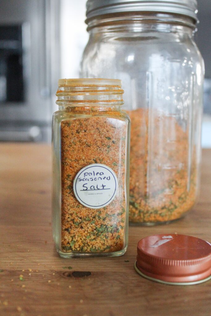 A very easy Homemade Seasoned Salt Recipe that is free of sugar, fillers, gluten, or grains and only uses high quality ingredients found in most paleo kitchen.  Always keep this on hand to give foods a hit of flavor!