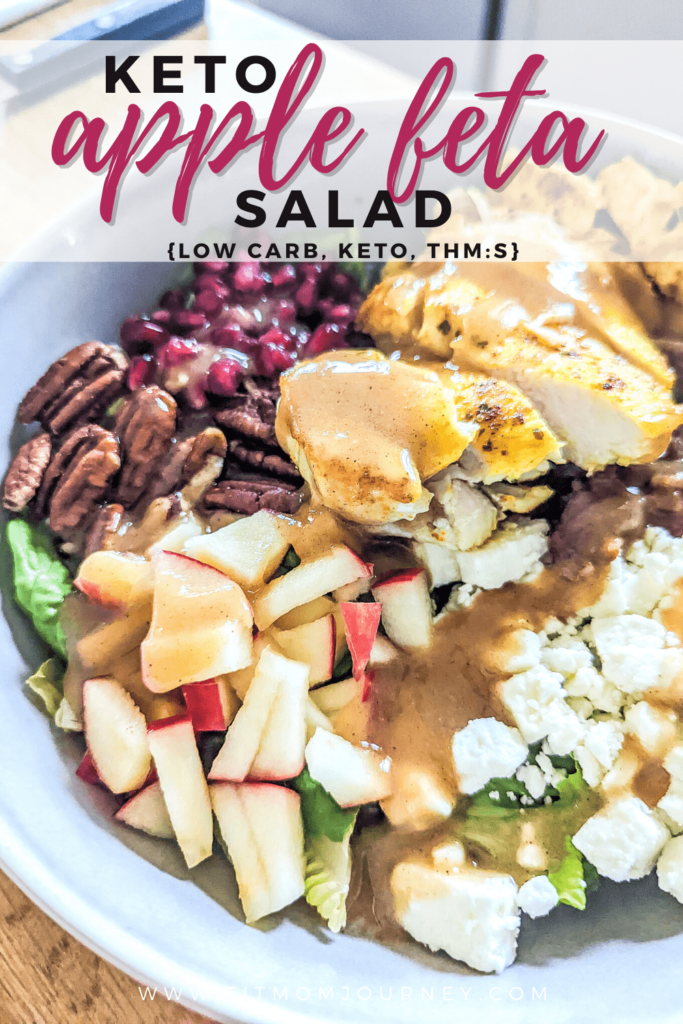 With all the colors of fall, this Keto Apple Feta Salad combines all the in-season produce that fall has to offer.  Pecans, pomegranate seeds, honeycrisp apples, feta, bacon and chicken tossed with an apple cider vinaigrette is not only healthy, it's SO delicious.