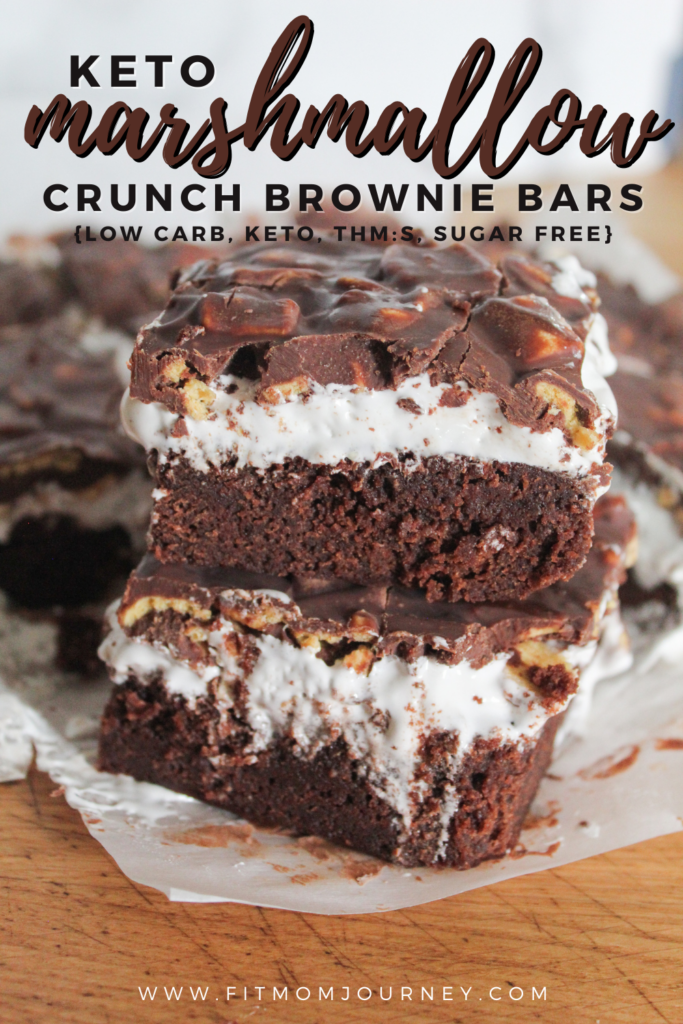 These Chewy, fudgy, crunchy, and marshmallow-ey bars are a staple at potlucks and barbecues. Make these Keto Marshmallow Crunch Brownies Bars for an easy low carb and sugar free crowd-pleasing dessert!