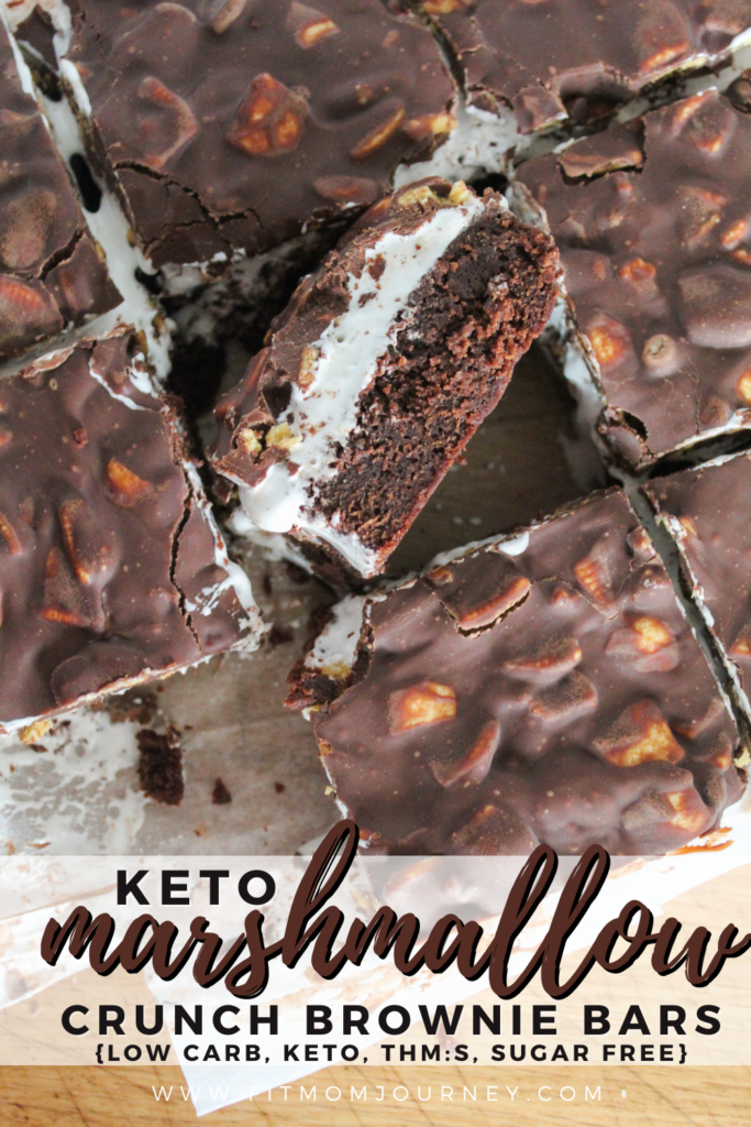 These Chewy, fudgy, crunchy, and marshmallow-ey bars are a staple at potlucks and barbecues. Make these Keto Marshmallow Crunch Brownies Bars for an easy low carb and sugar free crowd-pleasing dessert!