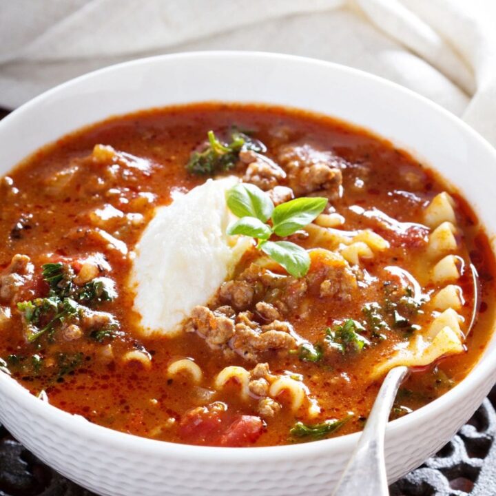 This Keto Lasagna soup is a big pot of comforting soup that the whole family will love. It's packed with full of herbs, tomato sauce, sauteed onions, ground beef and tons of cheese. Can be made with or without low carb noodles, and always high protein.