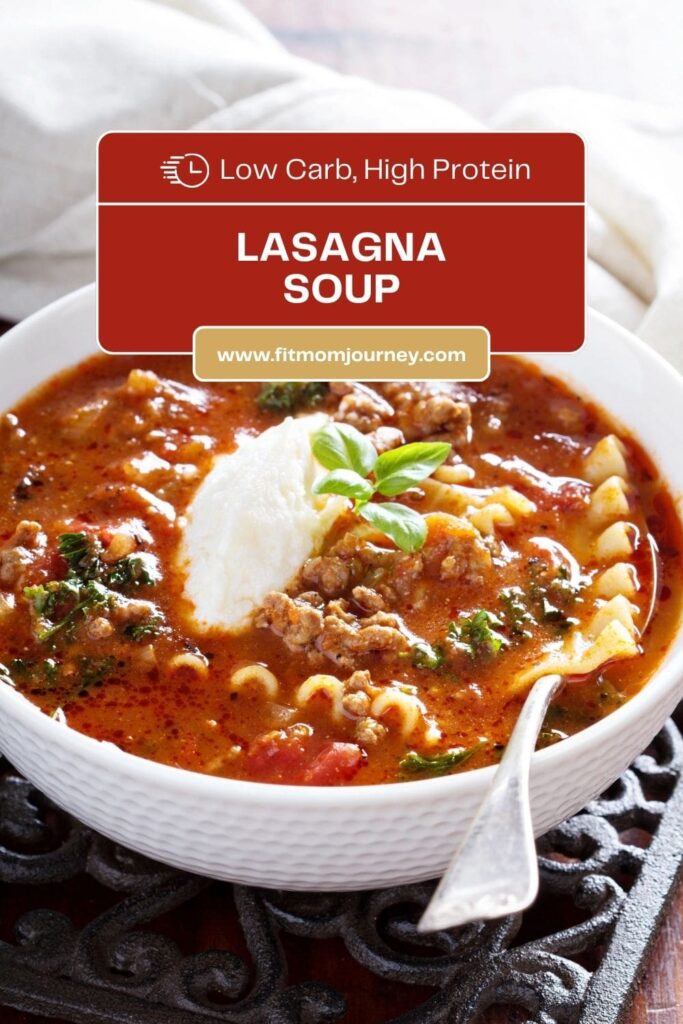 This Keto Lasagna soup is a big pot of comforting soup that the whole family will love. It's packed with full of herbs, tomato sauce, sauteed onions, ground beef and tons of cheese.  Can be made with or without low carb noodles, and always high protein.