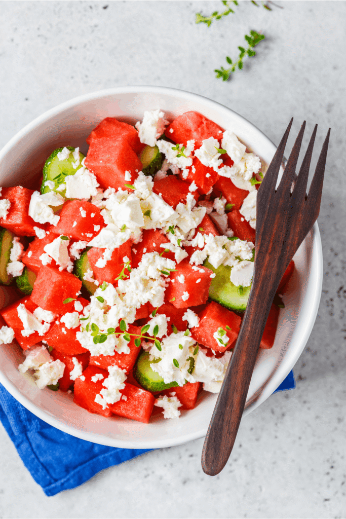 Juicy watermelon. Salty feta. Tangy lime dressing. Under 6 net carbs per serving 🍉